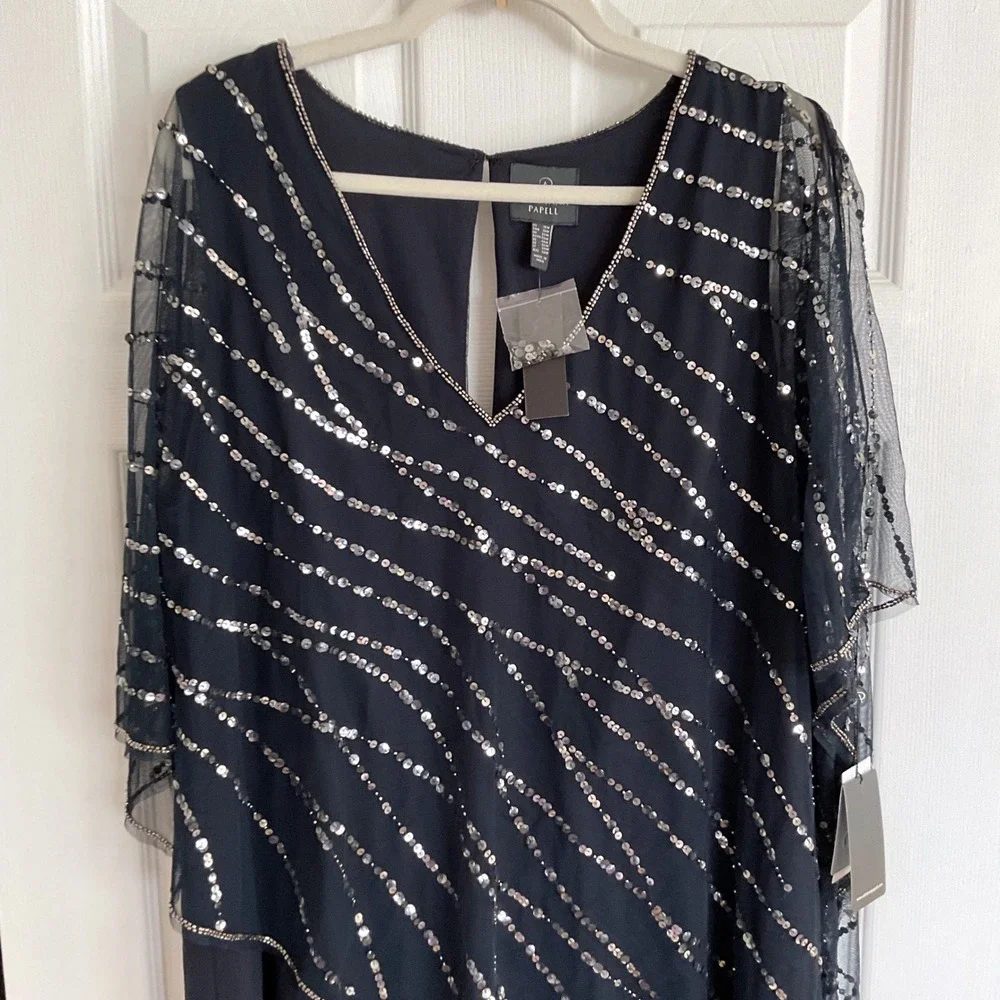 Adrianna‎ Papell Midnight Navy Sequin Beaded Popover Midi Dress 18W NWT